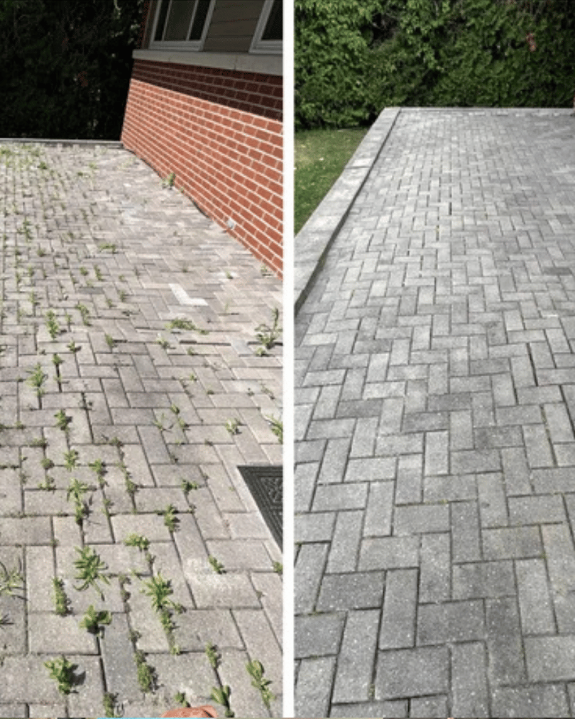 Vorher-Nachher-Vergleich einer Pflasterreinigung mit Unkrautentfernung in Bad Säckingen